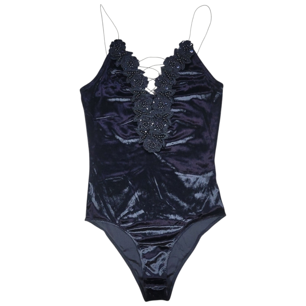 Topshop Lace Up Velvet‎ Bodysuit Womens 4 Black Fairy Goth Floral Applique Dark